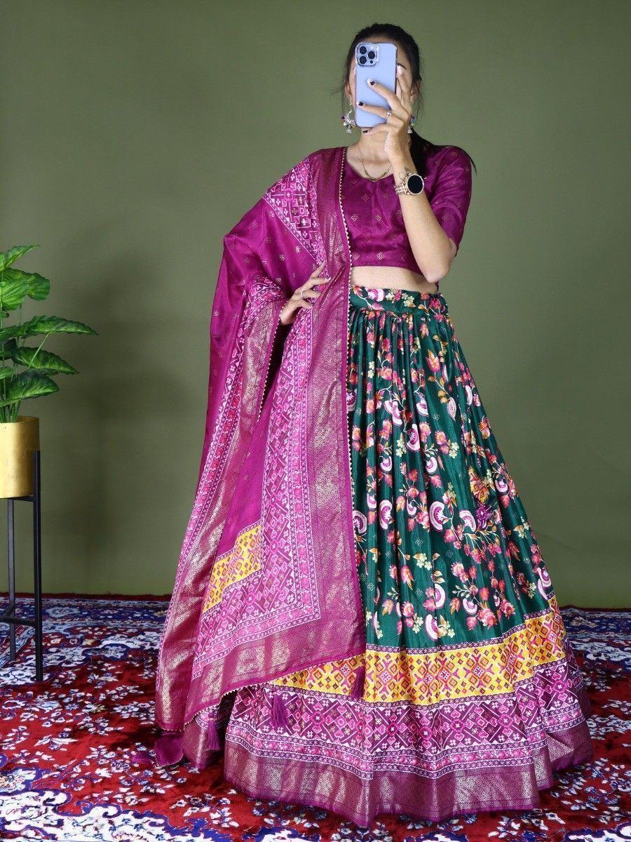 Green Beautiful Floral Printed Dola Silk Traditional Lehenga Choli