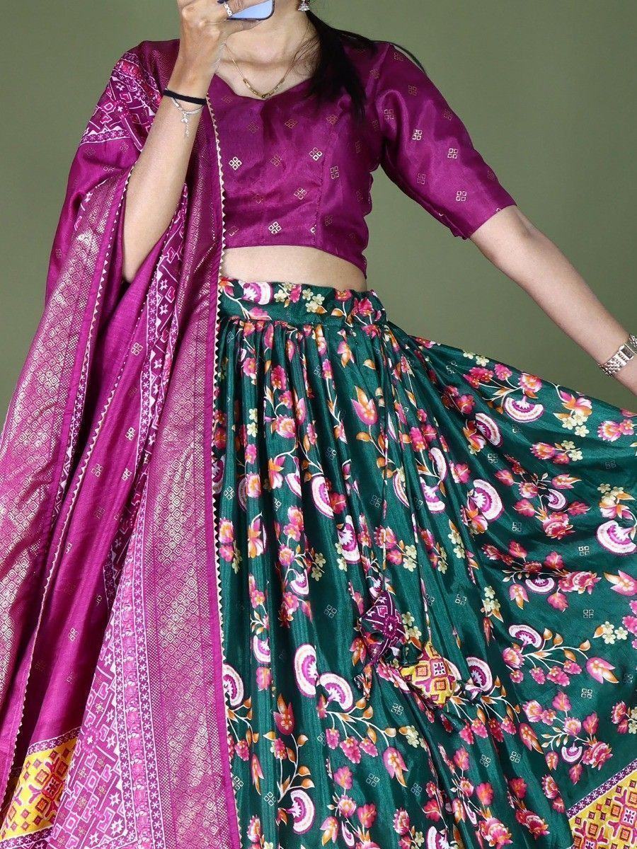 Green Beautiful Floral Printed Dola Silk Traditional Lehenga Choli