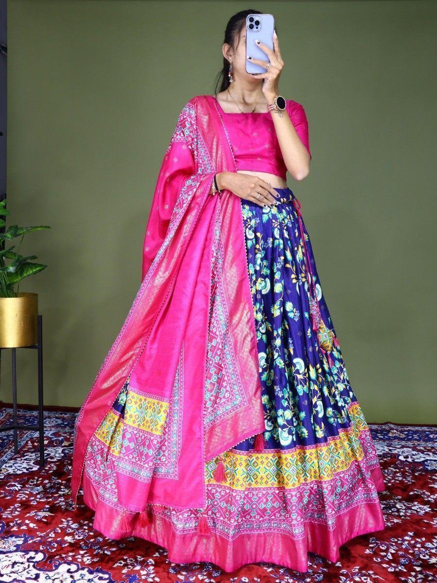 Blue Beautiful Floral Printed Dola Silk Traditional Lehenga Choli