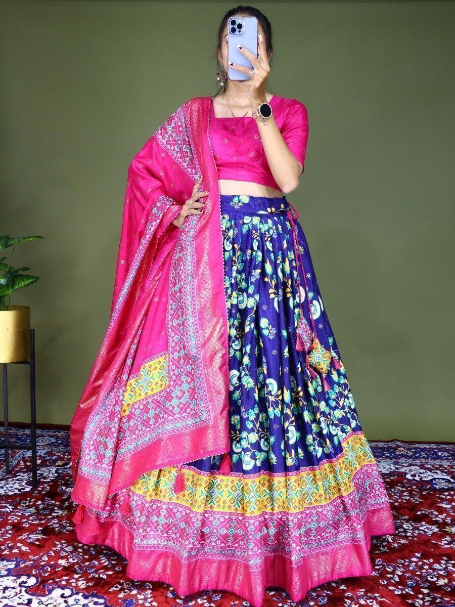 Blue Beautiful Floral Printed Dola Silk Traditional Lehenga Choli