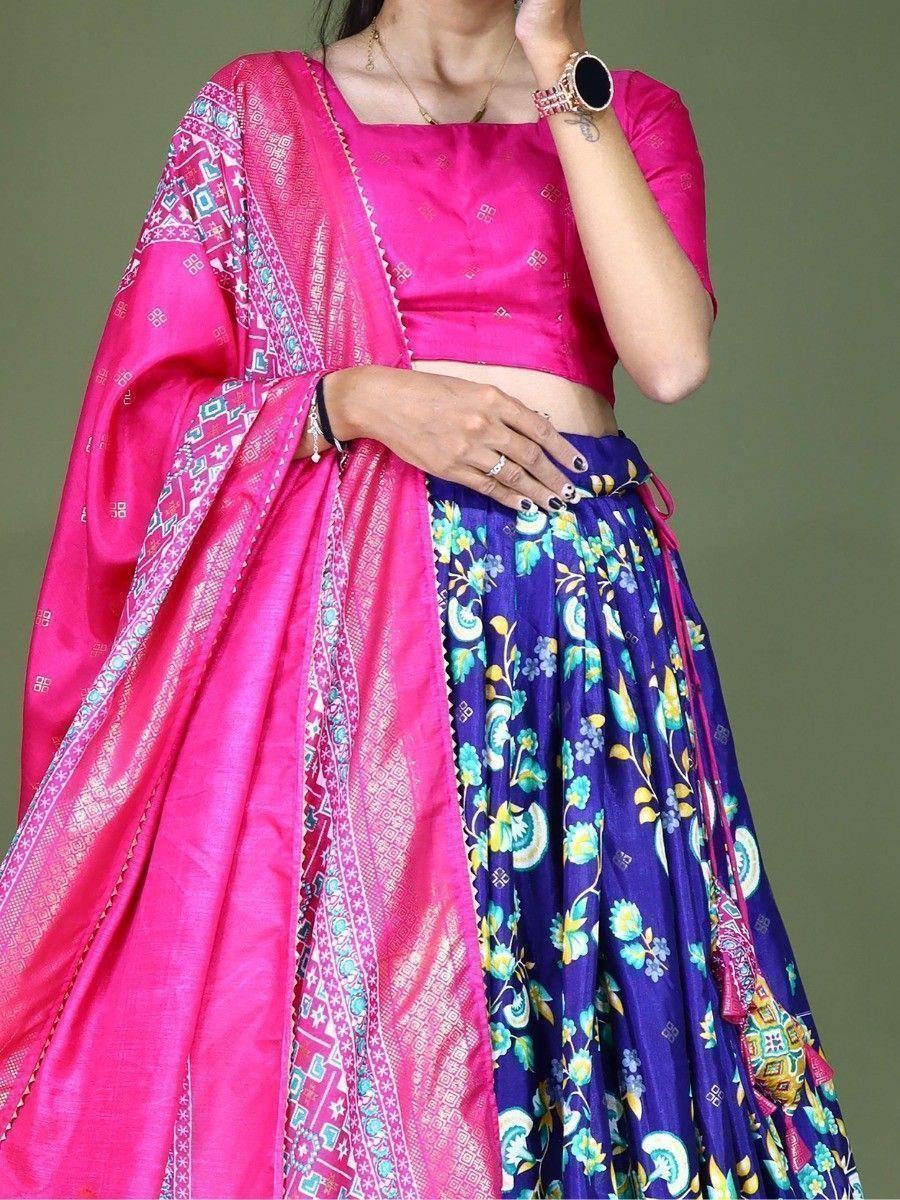 Blue Beautiful Floral Printed Dola Silk Traditional Lehenga Choli