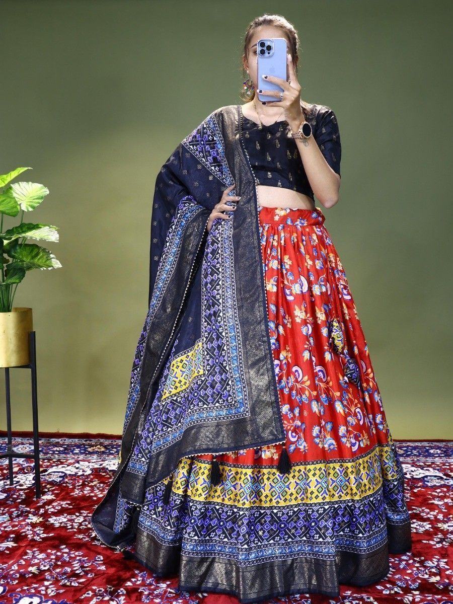 Red Beautiful Floral Printed Dola Silk Traditional Lehenga Choli