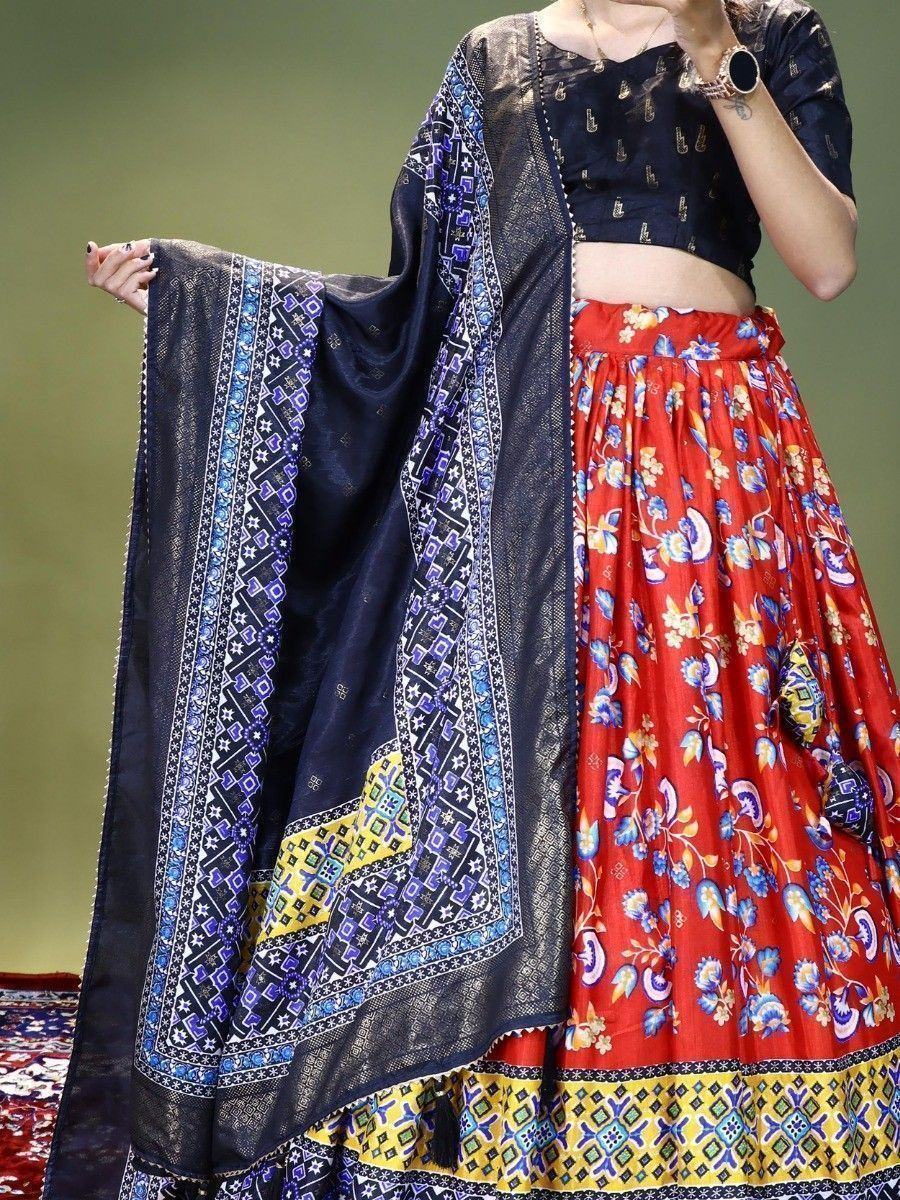 Red Beautiful Floral Printed Dola Silk Traditional Lehenga Choli