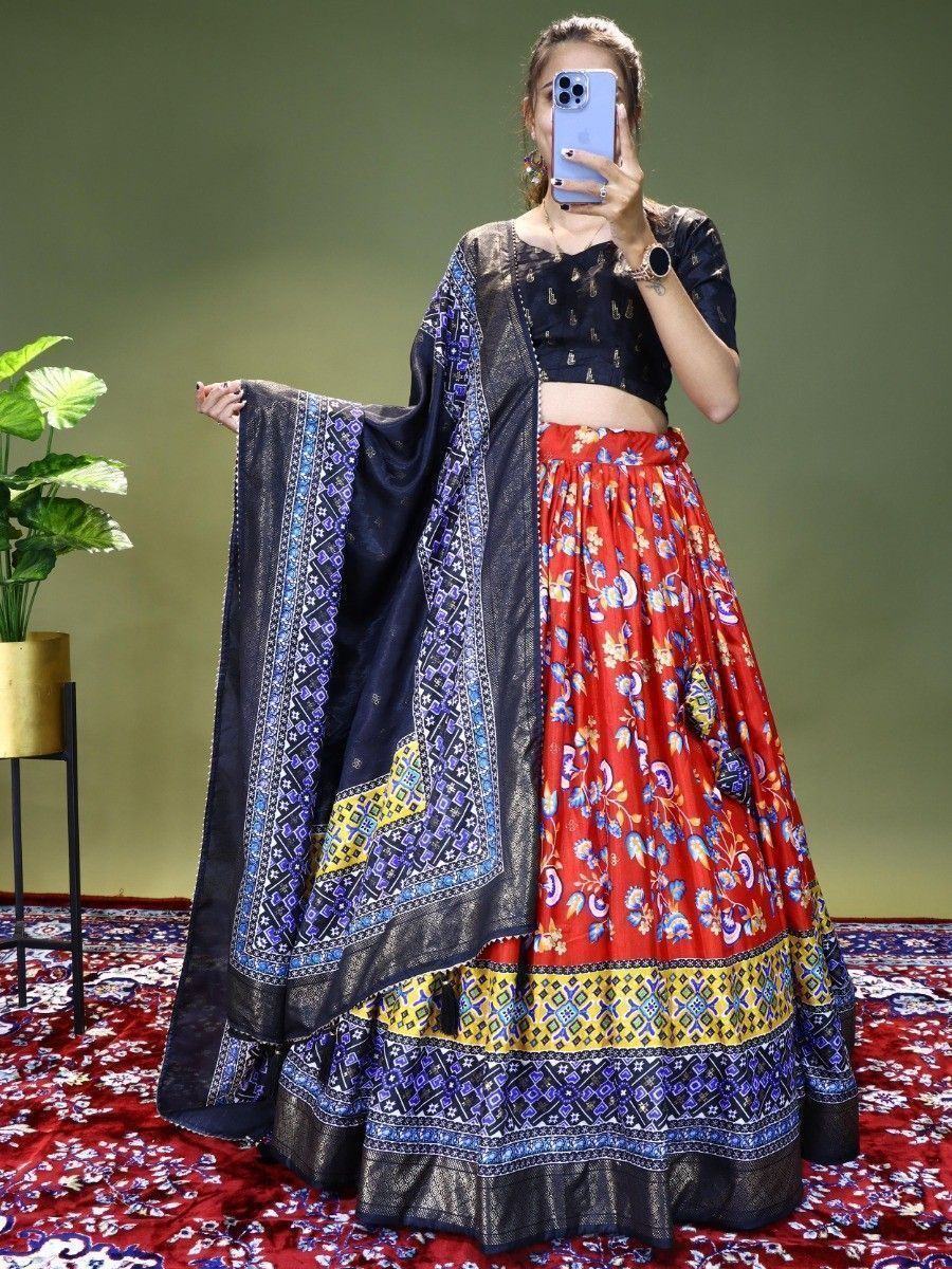 Red Beautiful Floral Printed Dola Silk Traditional Lehenga Choli