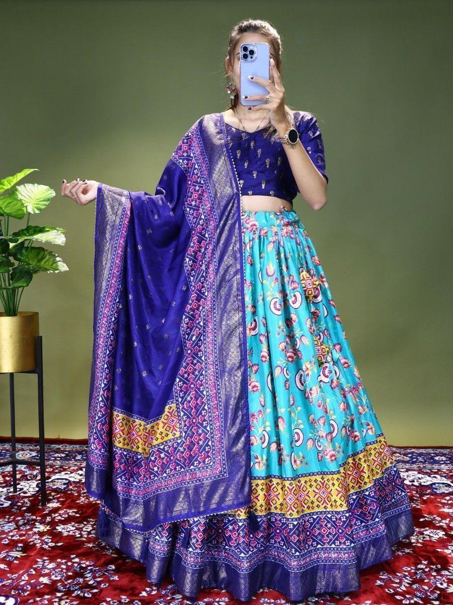 Sea Green Beautiful Floral Printed Dola Silk Traditional Lehenga Choli