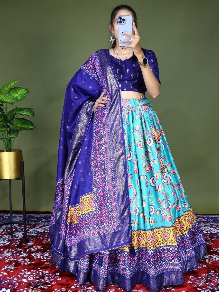Sea Green Beautiful Floral Printed Dola Silk Traditional Lehenga Choli