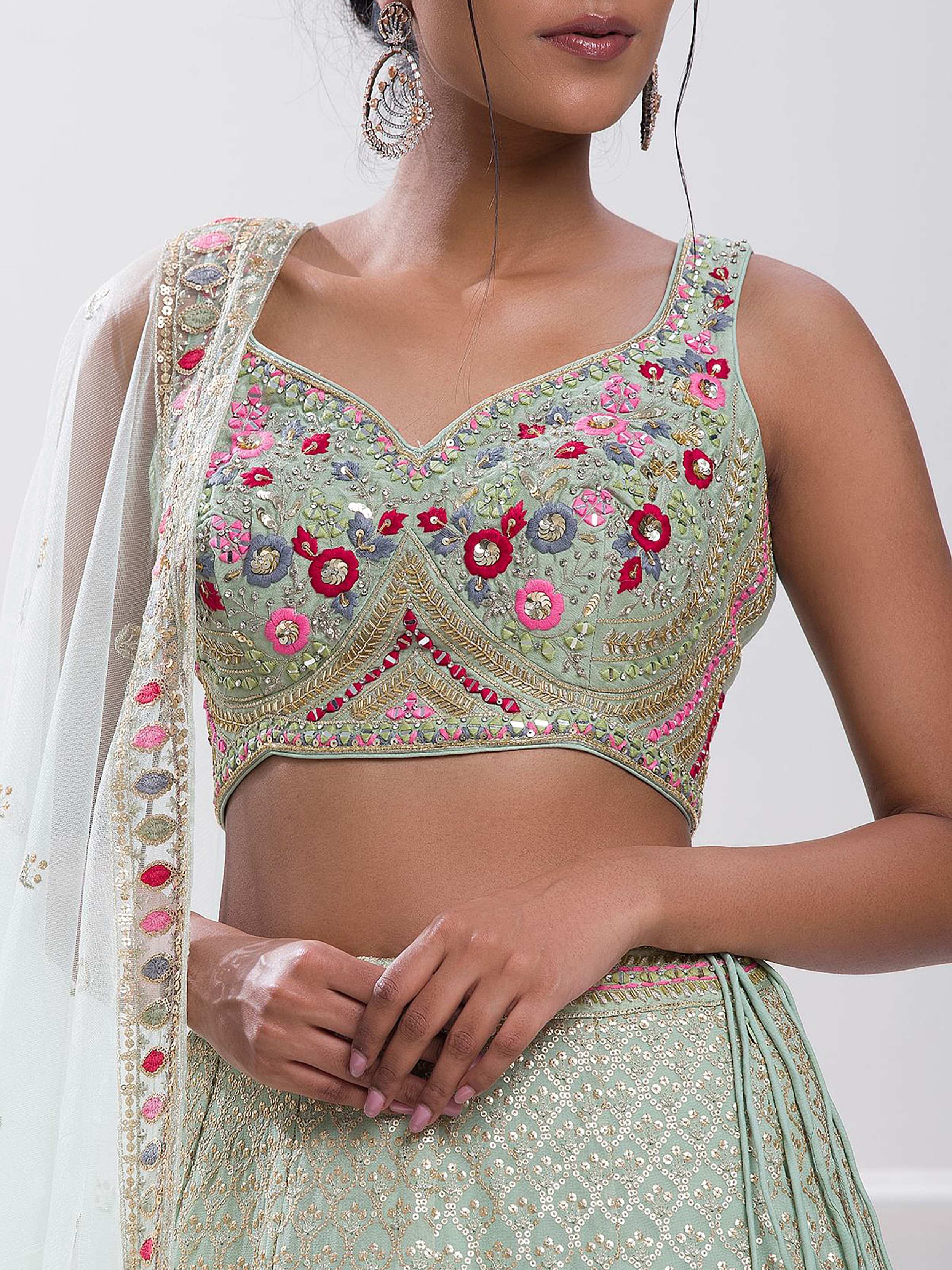 Stunning Pista Green Sequins Georgette Traditional Lehenga Choli