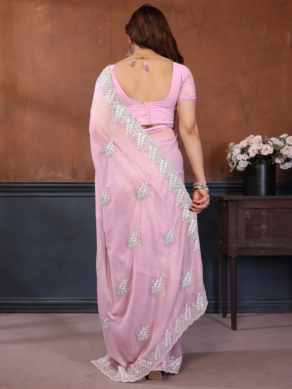 Incredible Baby Pink Embroidered Georgette Party Wear Saree