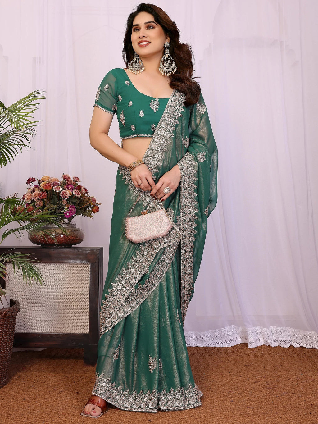 Outstanding Green Zari Embroidered Georgette Saree With Blouse