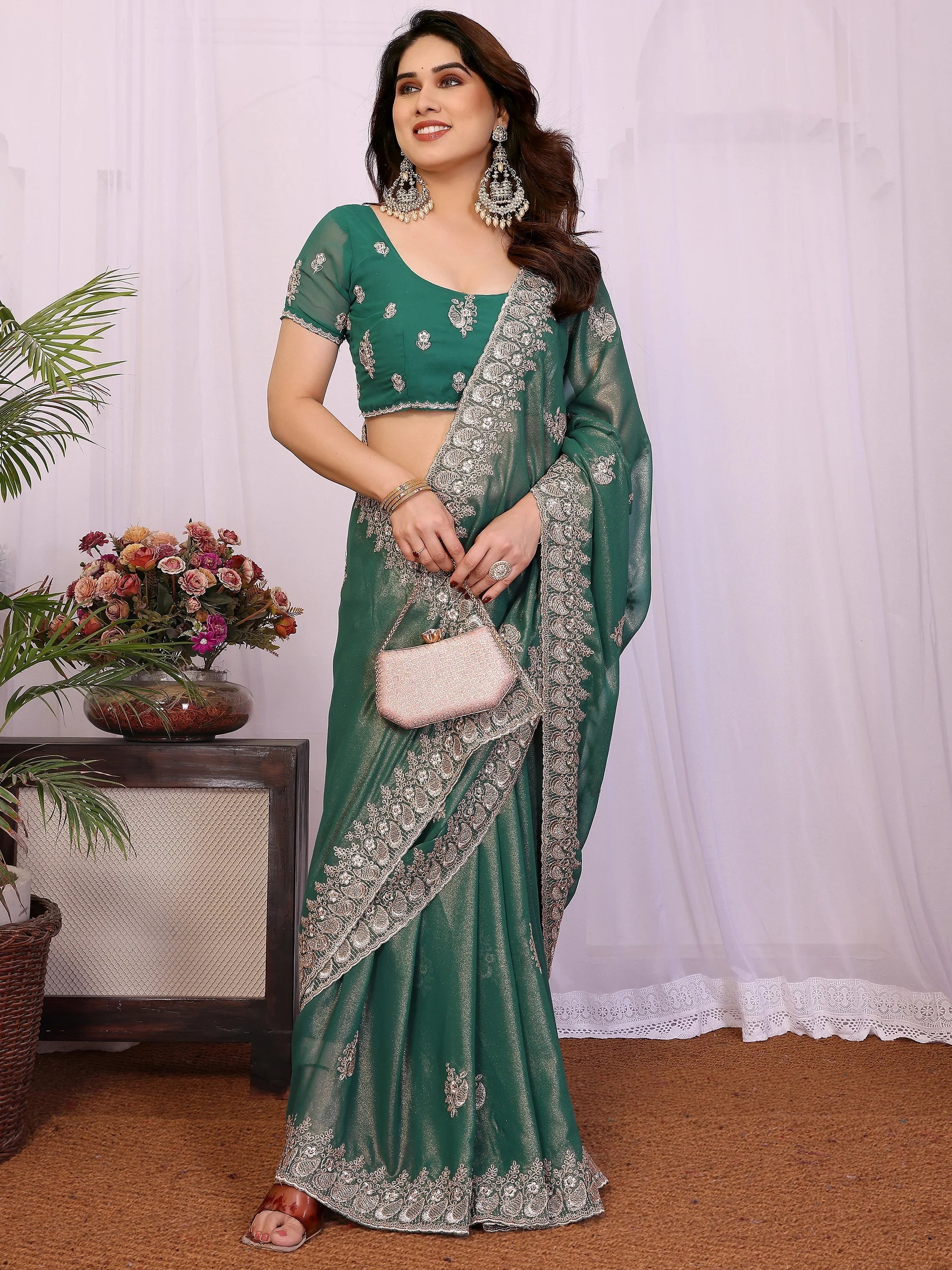 Outstanding Green Zari Embroidered Georgette Saree With Blouse
