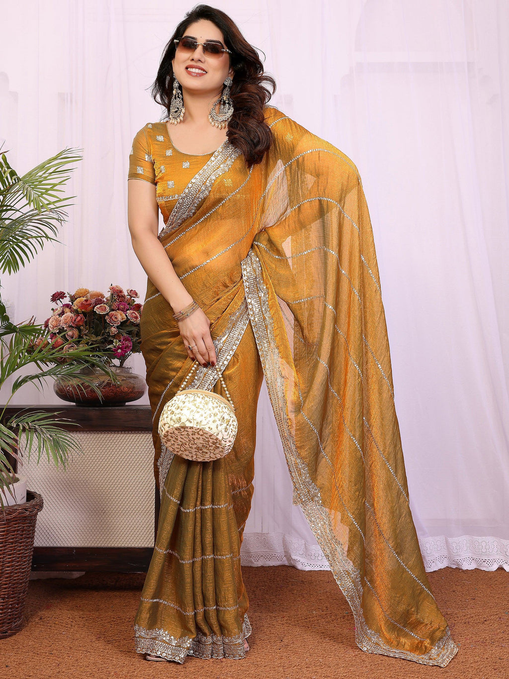 Glamorous Mustard Yellow Embroidered Chiffon Function Wear Saree