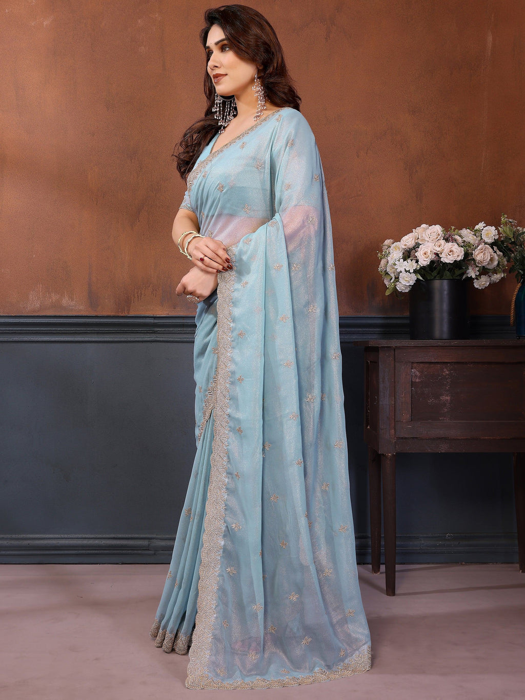 Beautiful Sky-Blue Sequins Georgette Party Wear Saree With Blouse