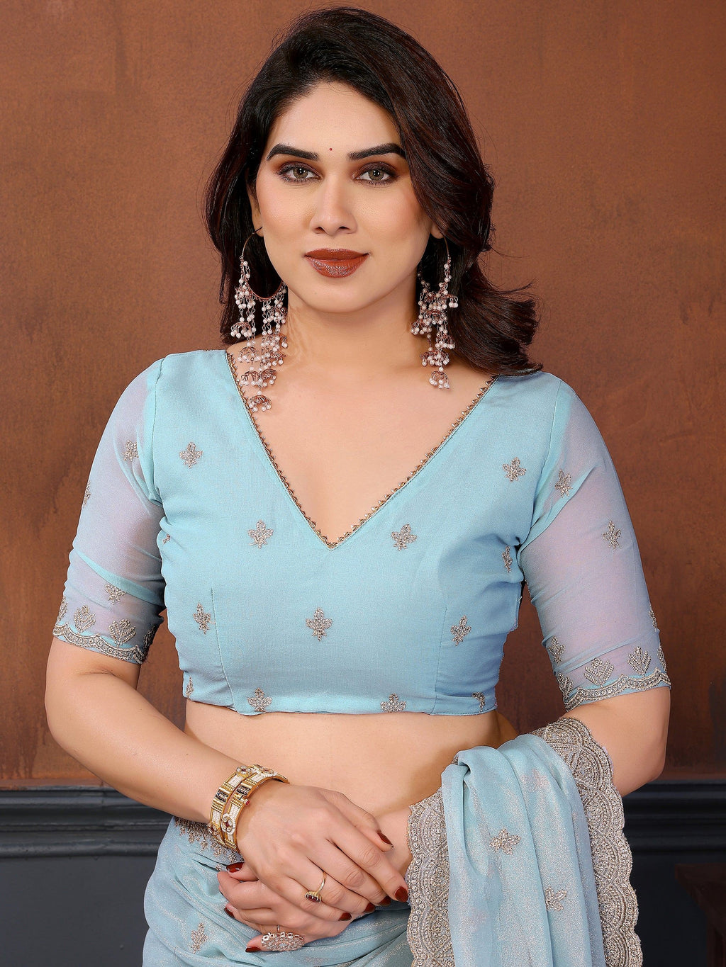 Beautiful Sky-Blue Sequins Georgette Party Wear Saree With Blouse
