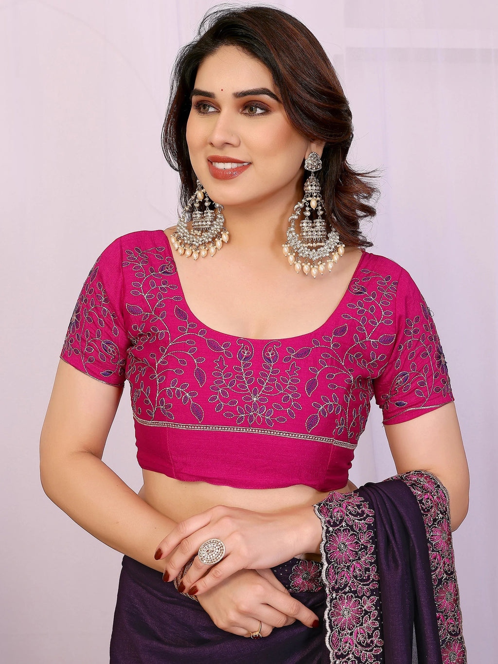 Stylish Navy Blue Lace Work Silk Reception Wear Saree With Blouse