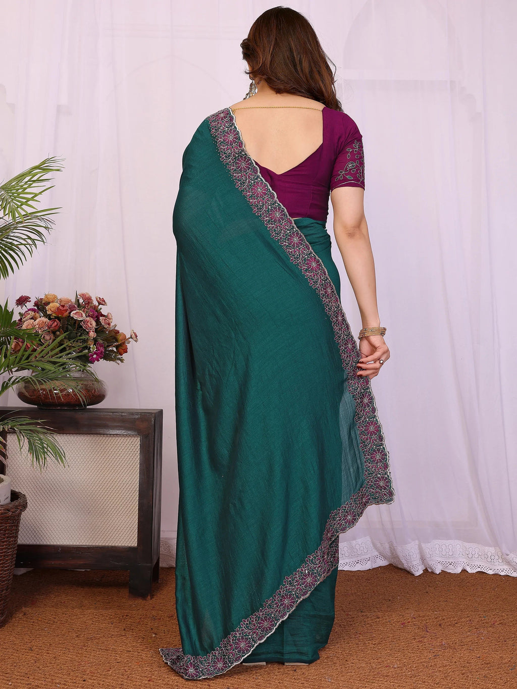 Classic Teal Blue Lace Work Silk Festival Wear Saree With Blouse