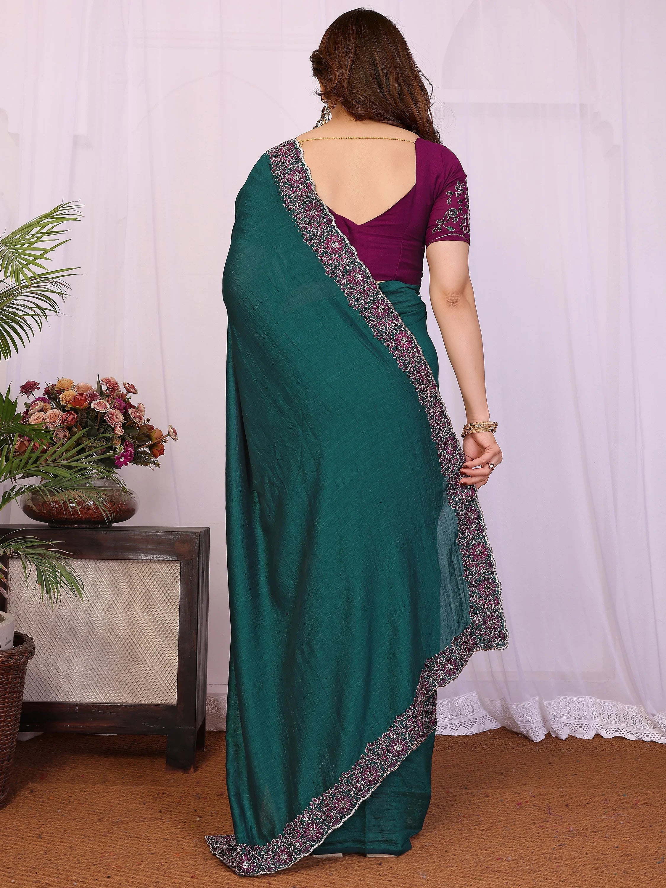 Classic Teal Blue Lace Work Silk Festival Wear Saree With Blouse