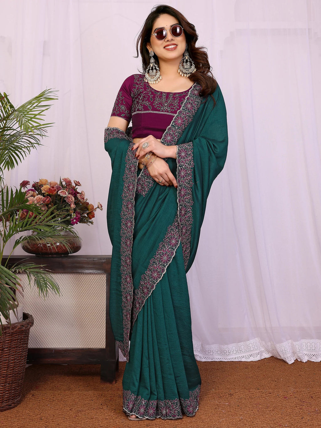 Classic Teal Blue Lace Work Silk Festival Wear Saree With Blouse