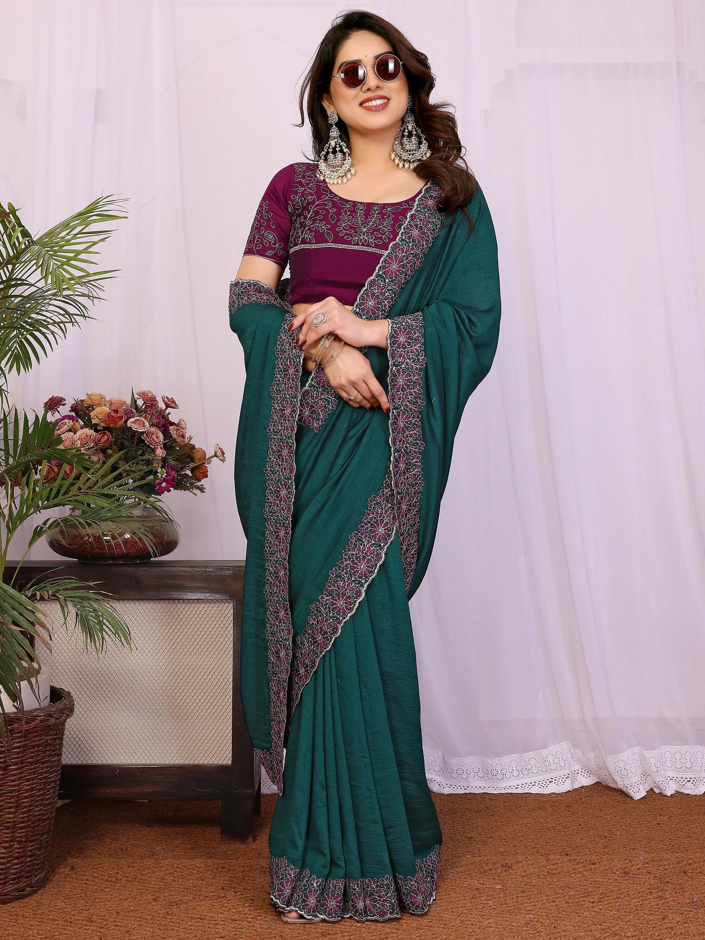 Classic Teal Blue Lace Work Silk Festival Wear Saree With Blouse