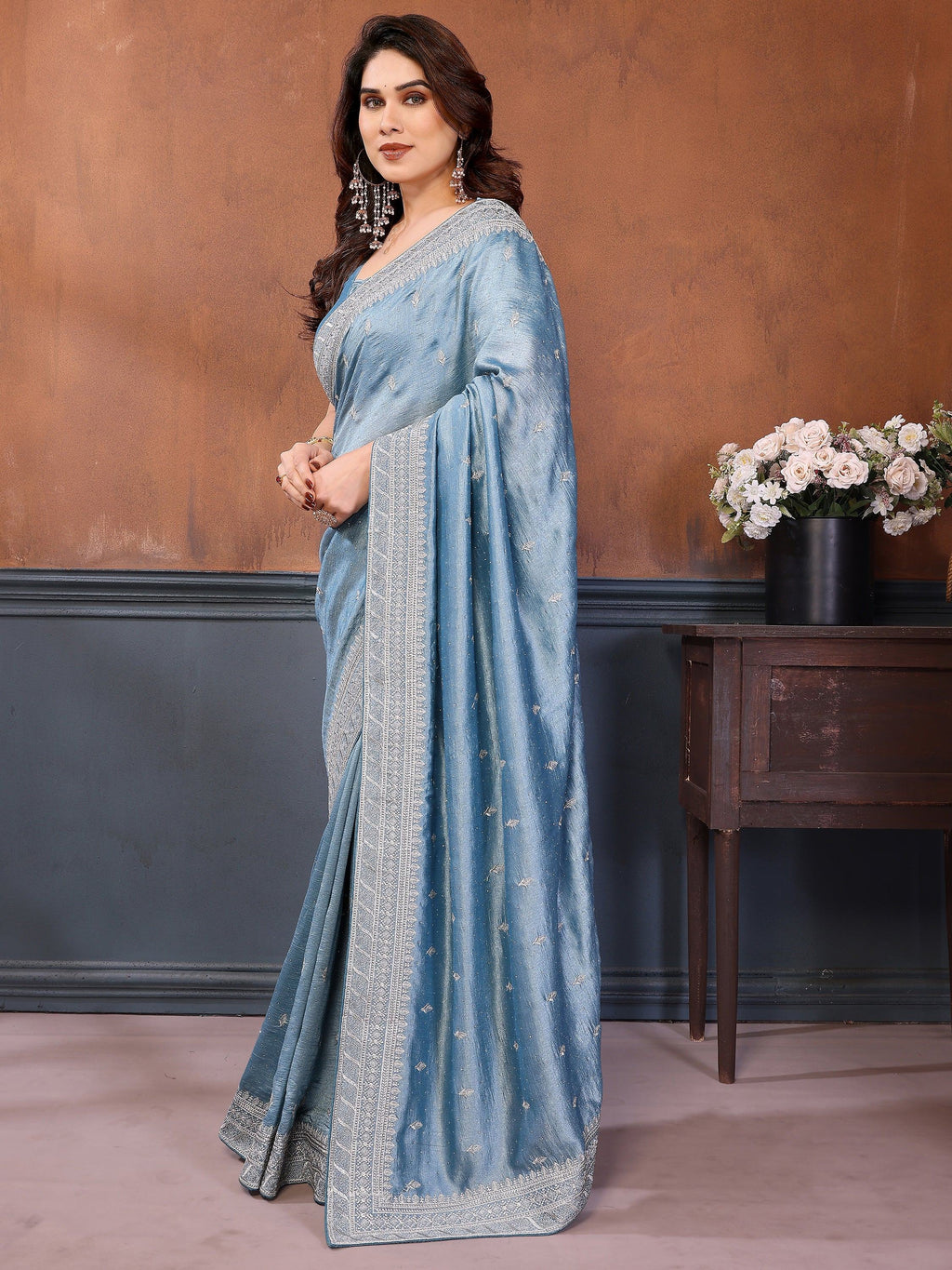 Attractive Dusty Blue Zari Embroidered Silk Party Wear Saree With Blouse