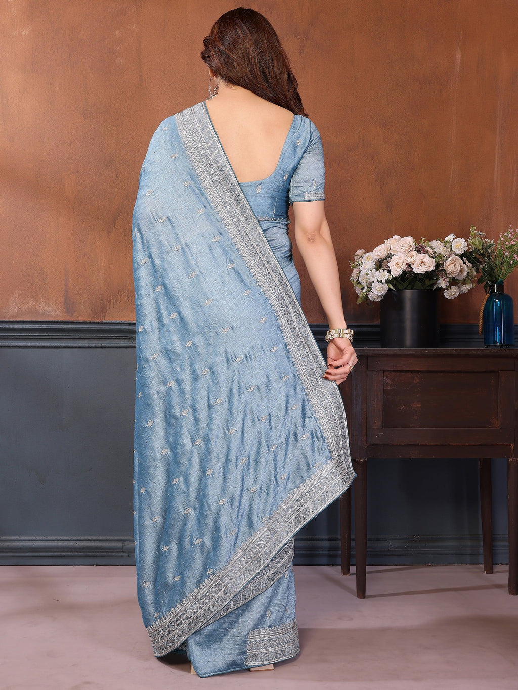 Attractive Dusty Blue Zari Embroidered Silk Party Wear Saree With Blouse