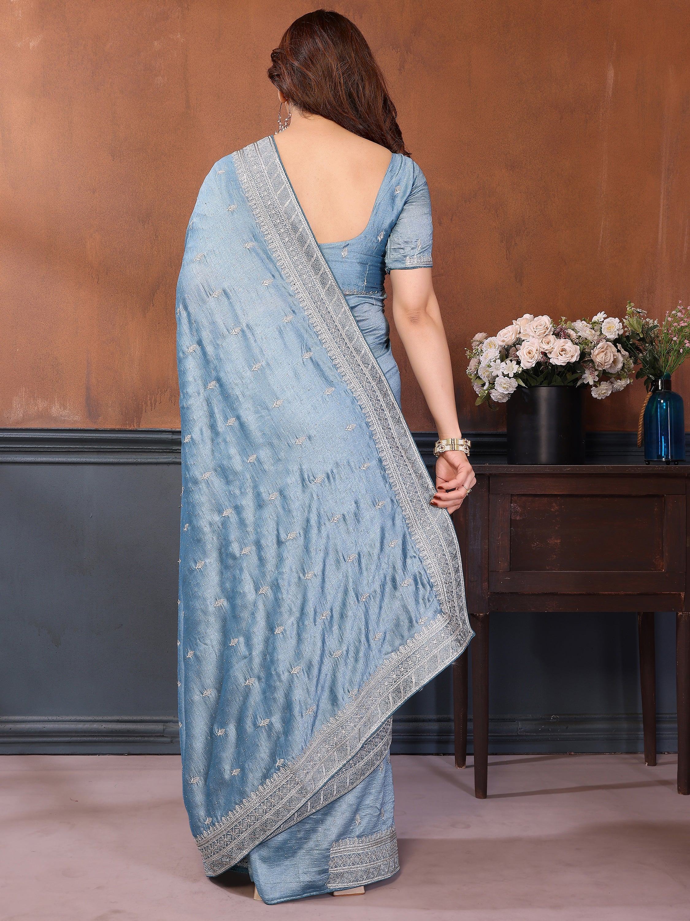 Attractive Dusty Blue Zari Embroidered Silk Party Wear Saree With Blouse