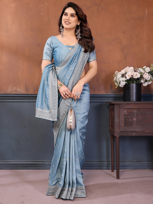 Attractive Dusty Blue Zari Embroidered Silk Party Wear Saree With Blouse