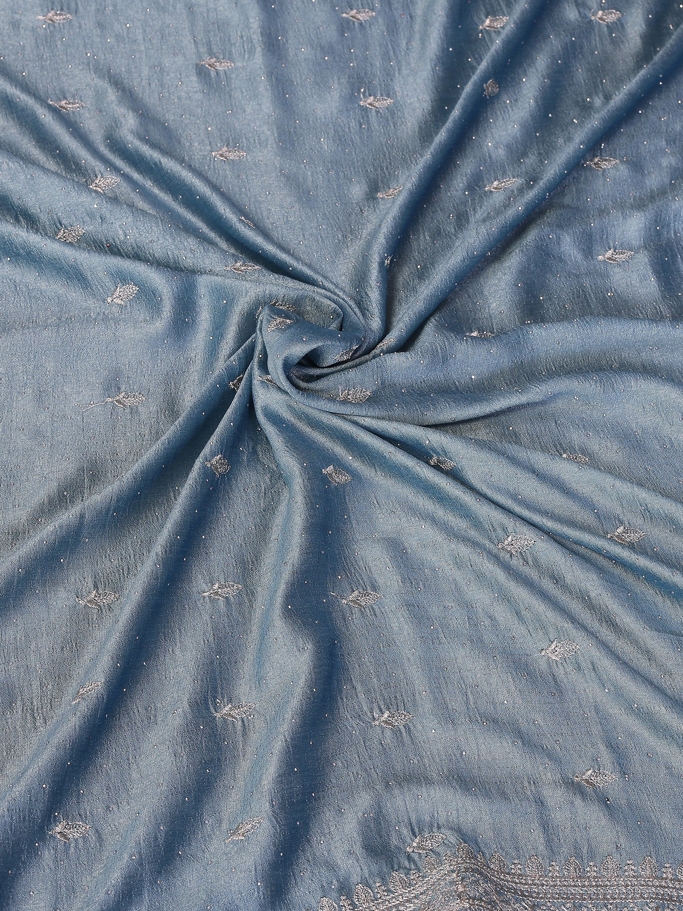 Attractive Dusty Blue Zari Embroidered Silk Party Wear Saree With Blouse