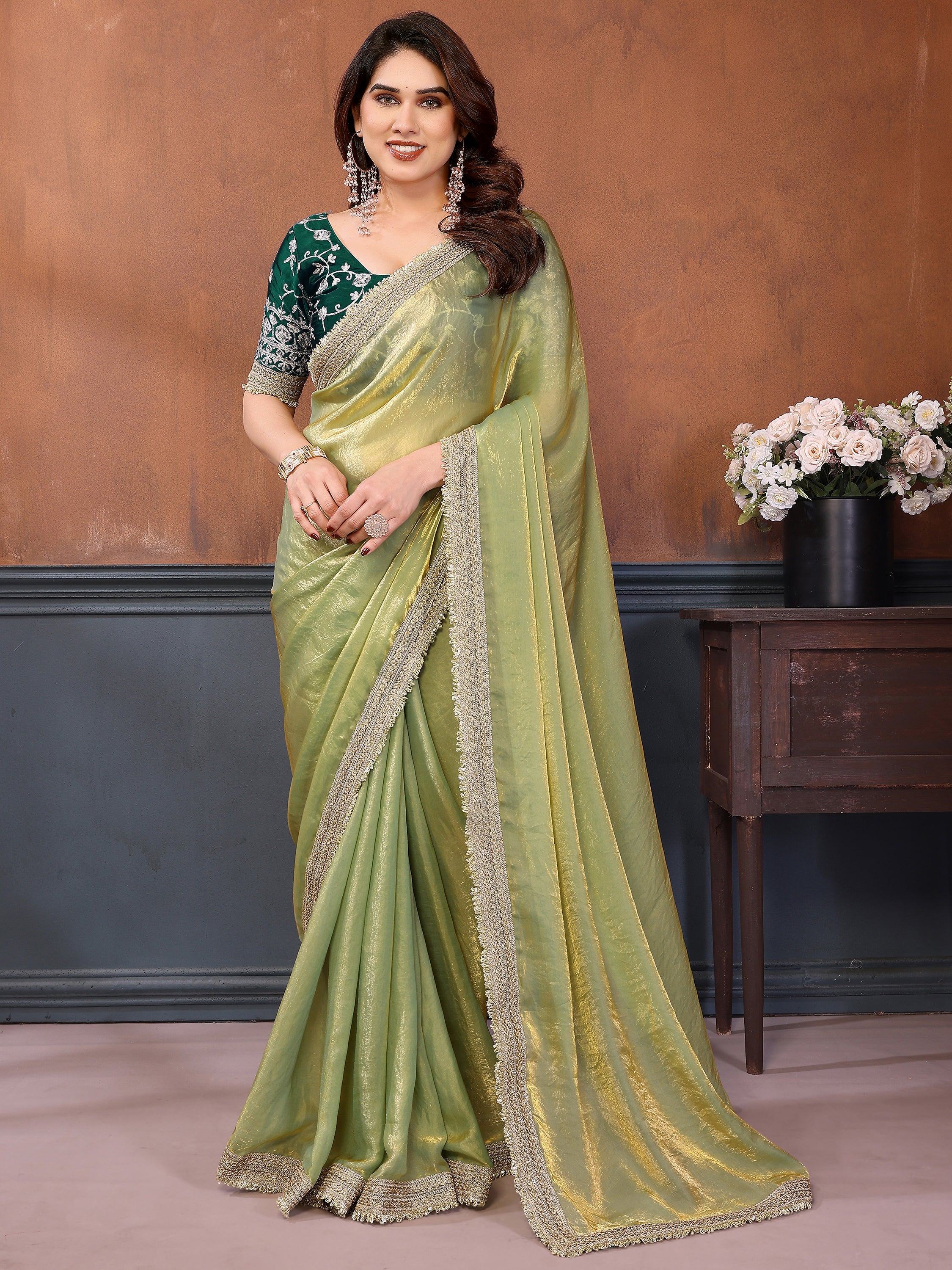 Mesmerizing Pista Green Border Work Satin Festival Wear Saree