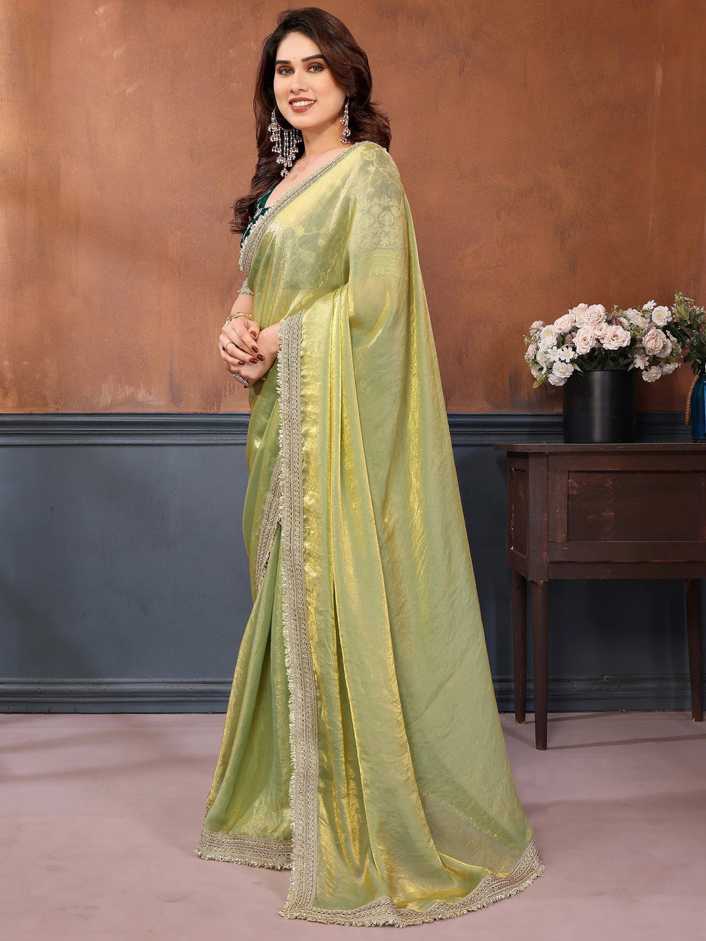 Mesmerizing Pista Green Border Work Satin Festival Wear Saree