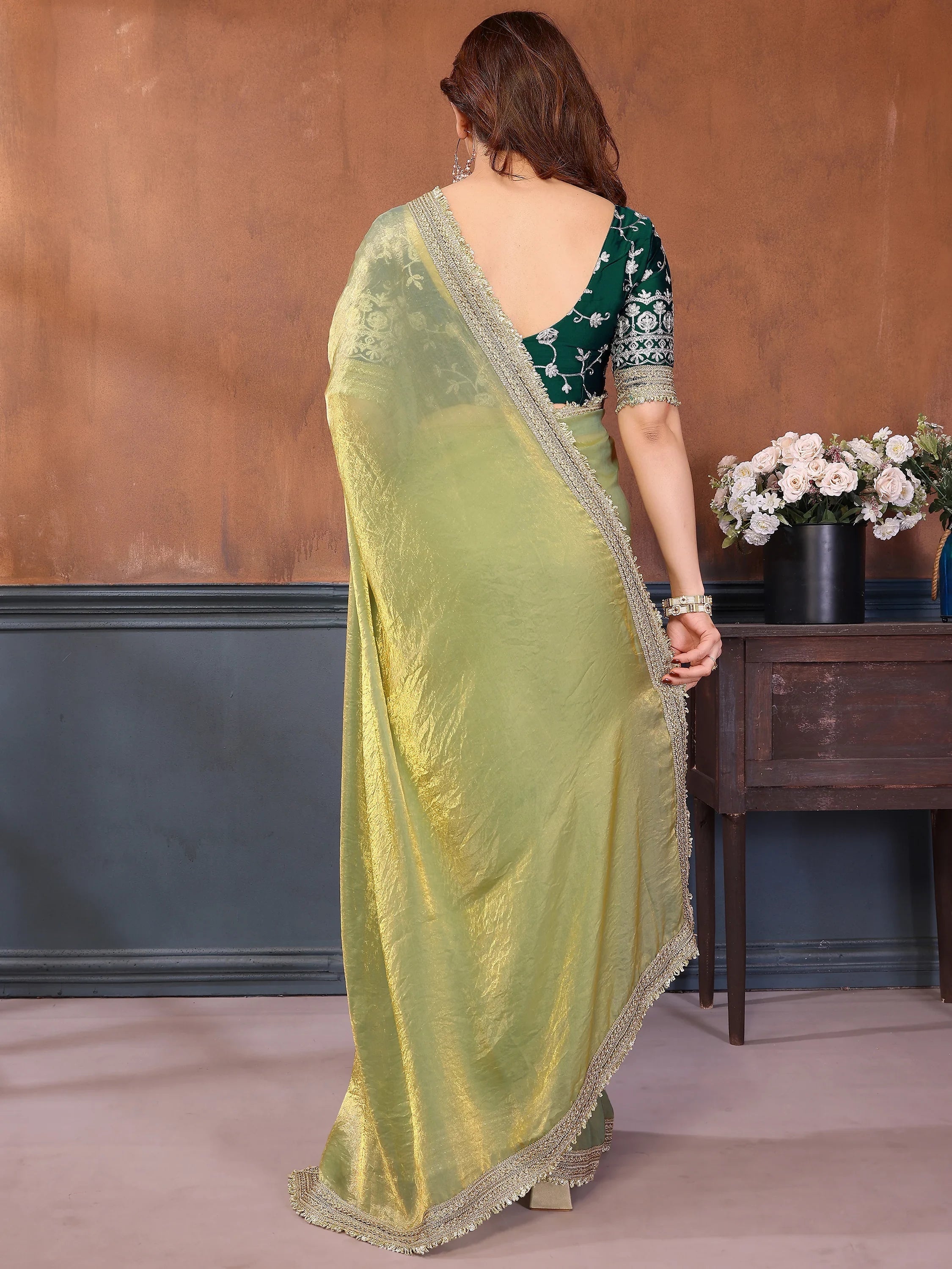 Mesmerizing Pista Green Border Work Satin Festival Wear Saree