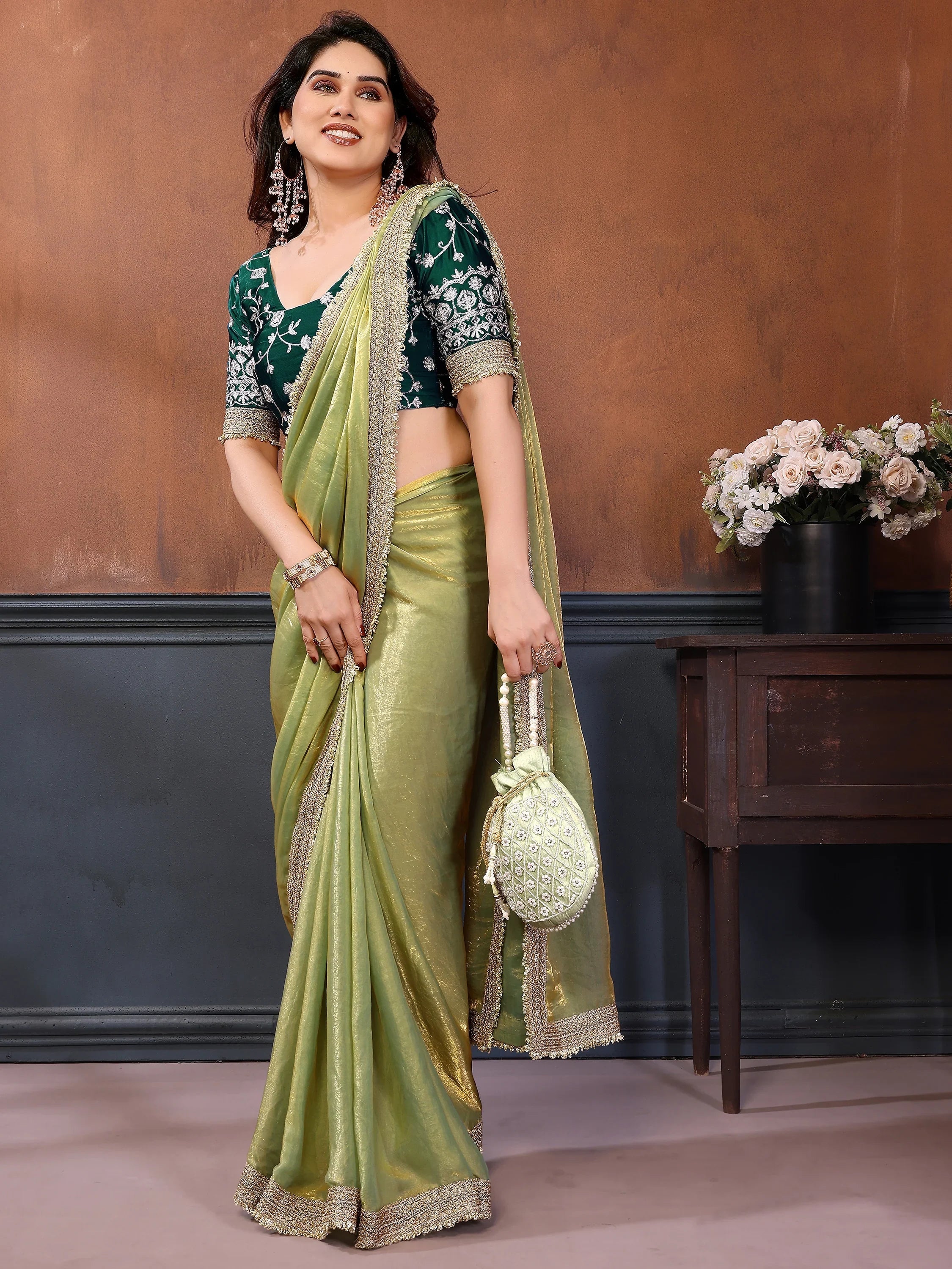 Mesmerizing Pista Green Border Work Satin Festival Wear Saree