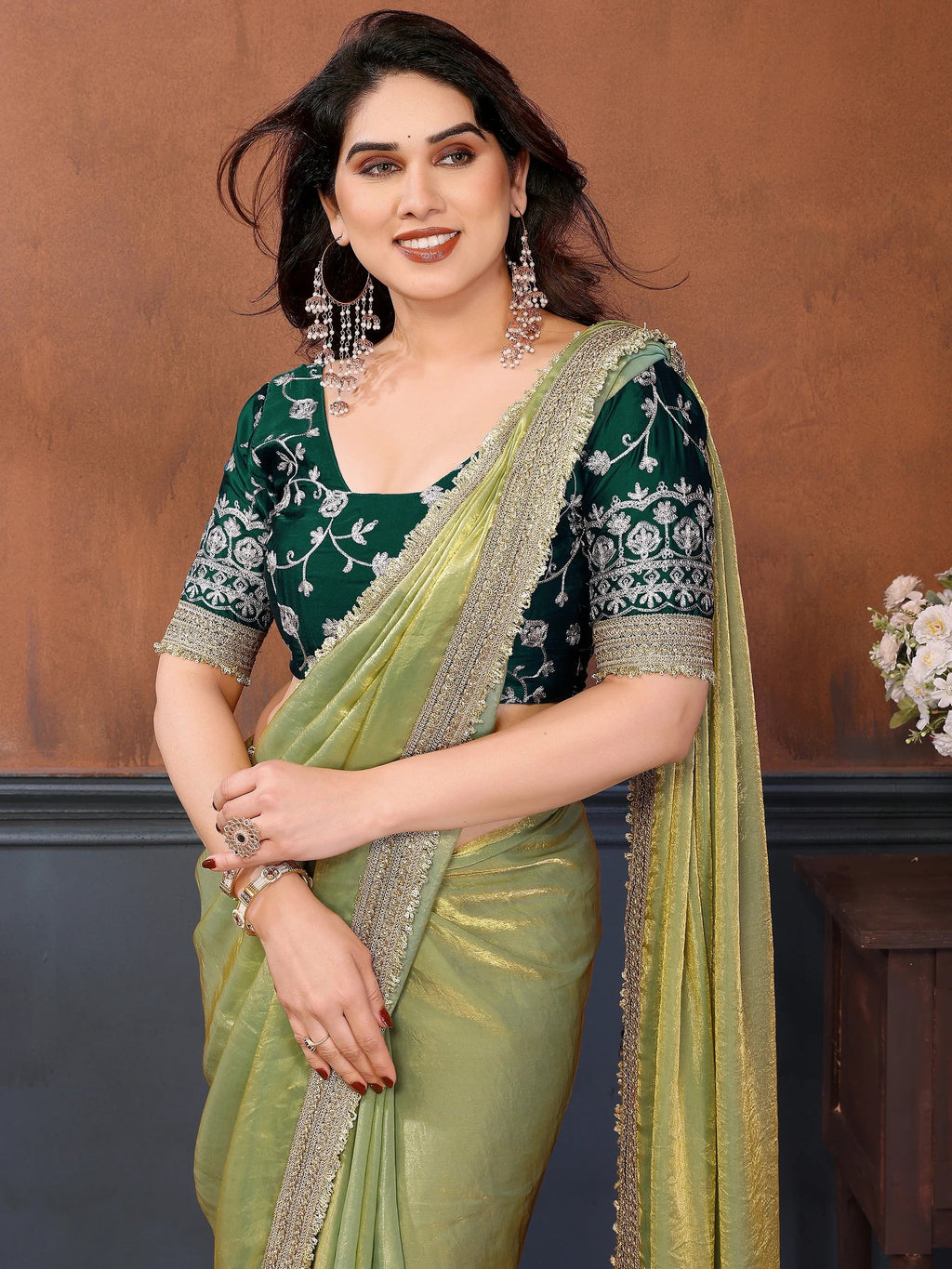 Mesmerizing Pista Green Border Work Satin Festival Wear Saree