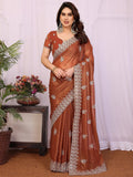 Awesome Brown Zari Embroidered Georgette Saree With Blouse