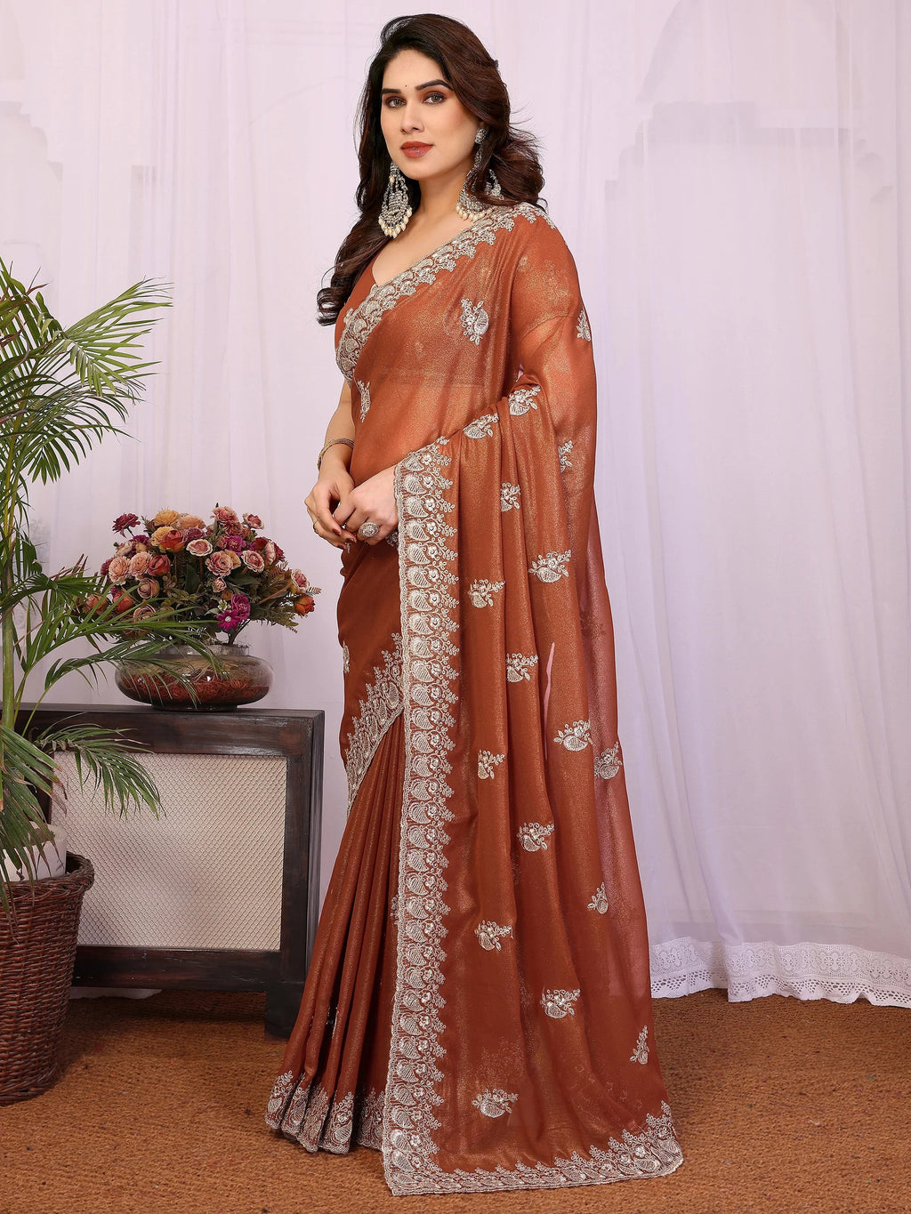 Awesome Brown Zari Embroidered Georgette Saree With Blouse