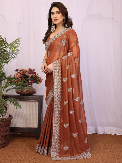 Awesome Brown Zari Embroidered Georgette Saree With Blouse