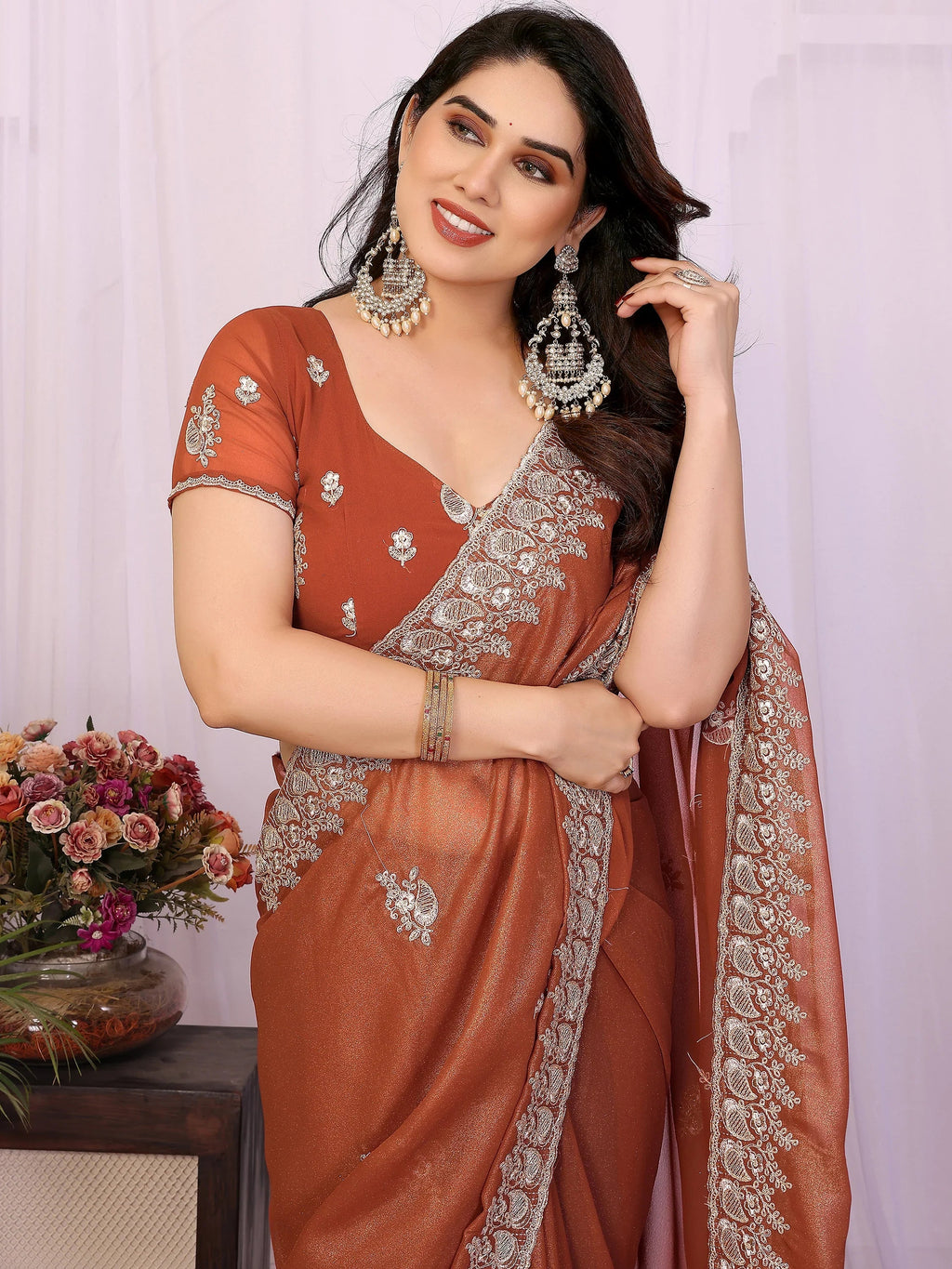 Awesome Brown Zari Embroidered Georgette Saree With Blouse