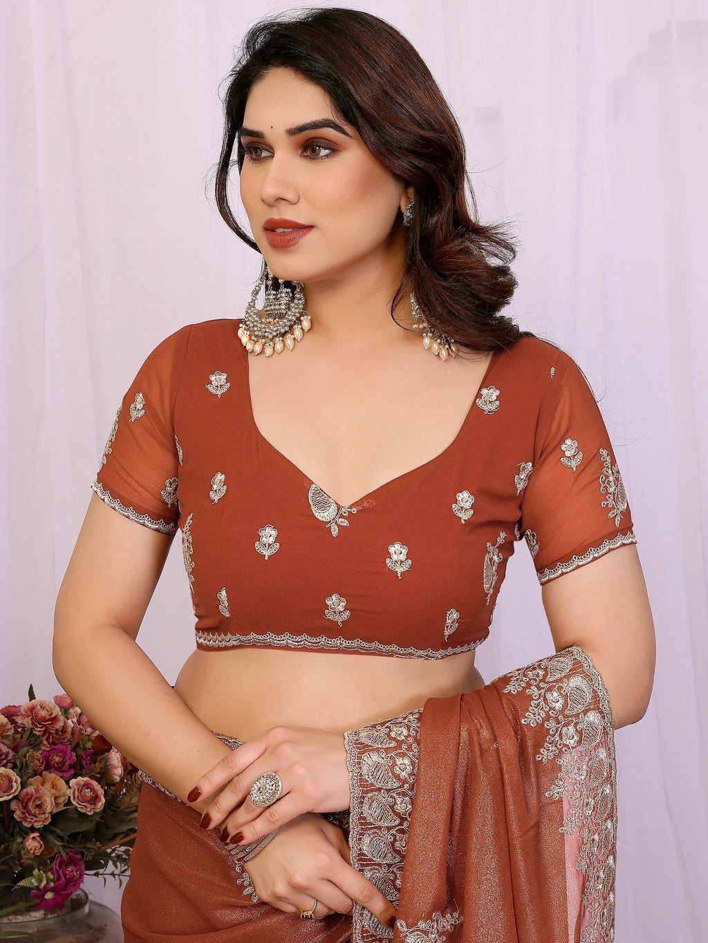 Awesome Brown Zari Embroidered Georgette Saree With Blouse