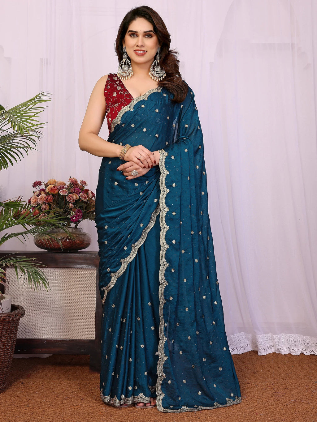 Alluring Teal Blue Embroidered Silk Wedding Wear Saree With Blouse