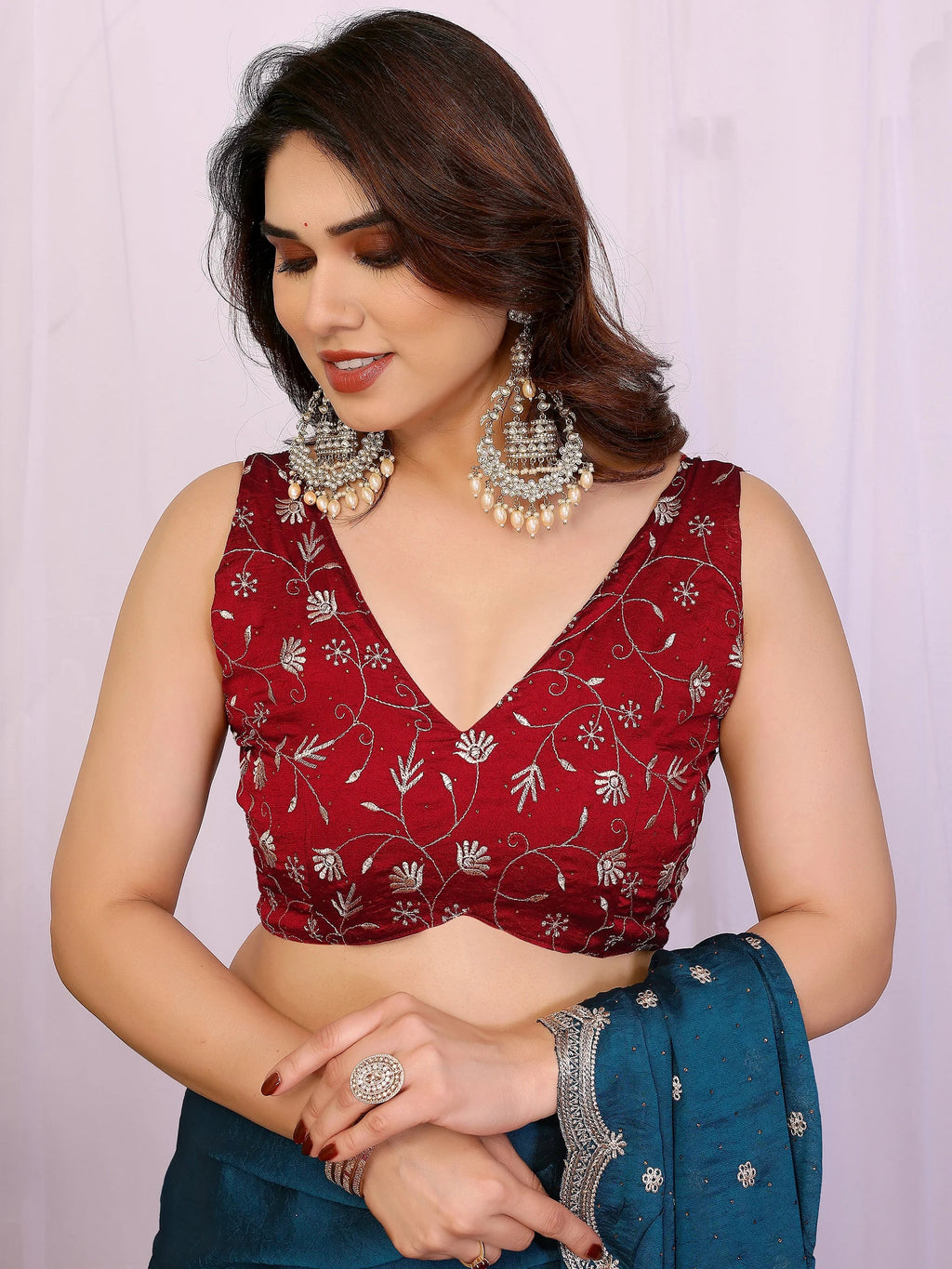 Alluring Teal Blue Embroidered Silk Wedding Wear Saree With Blouse