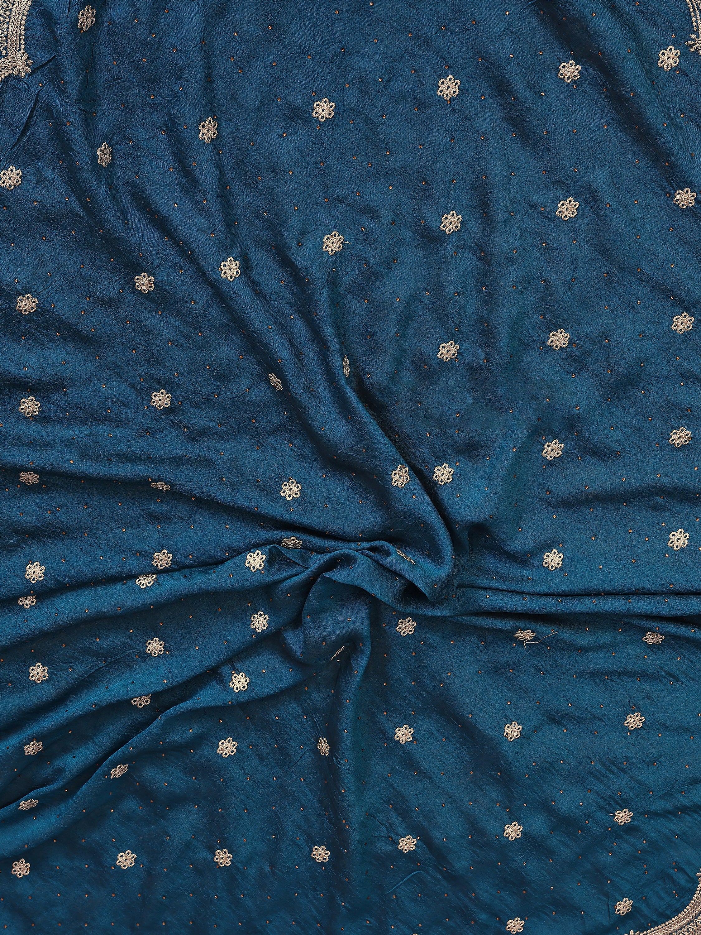 Alluring Teal Blue Embroidered Silk Wedding Wear Saree With Blouse