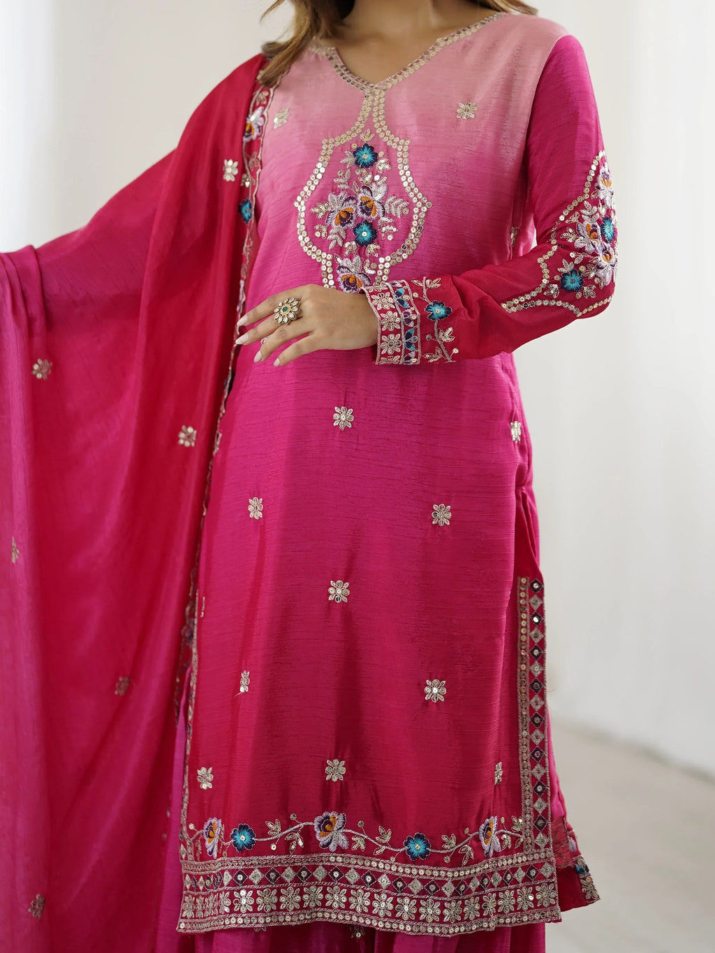 Beautiful Pink Chinon Sequins Embroidered Ombre Sharara Suit