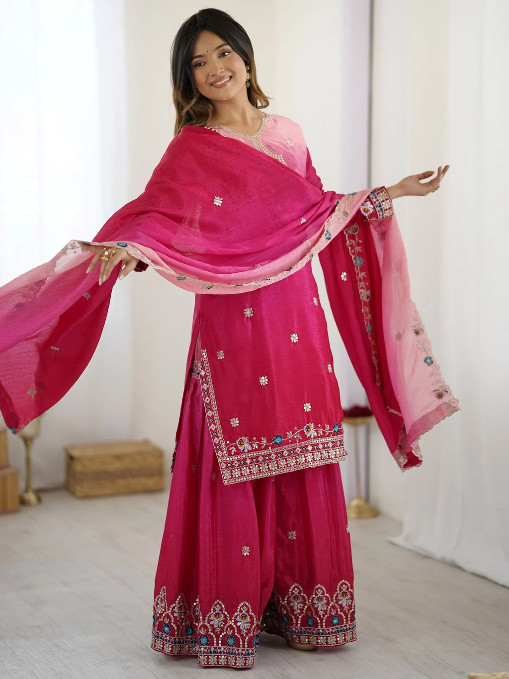 Beautiful Pink Chinon Sequins Embroidered Ombre Sharara Suit