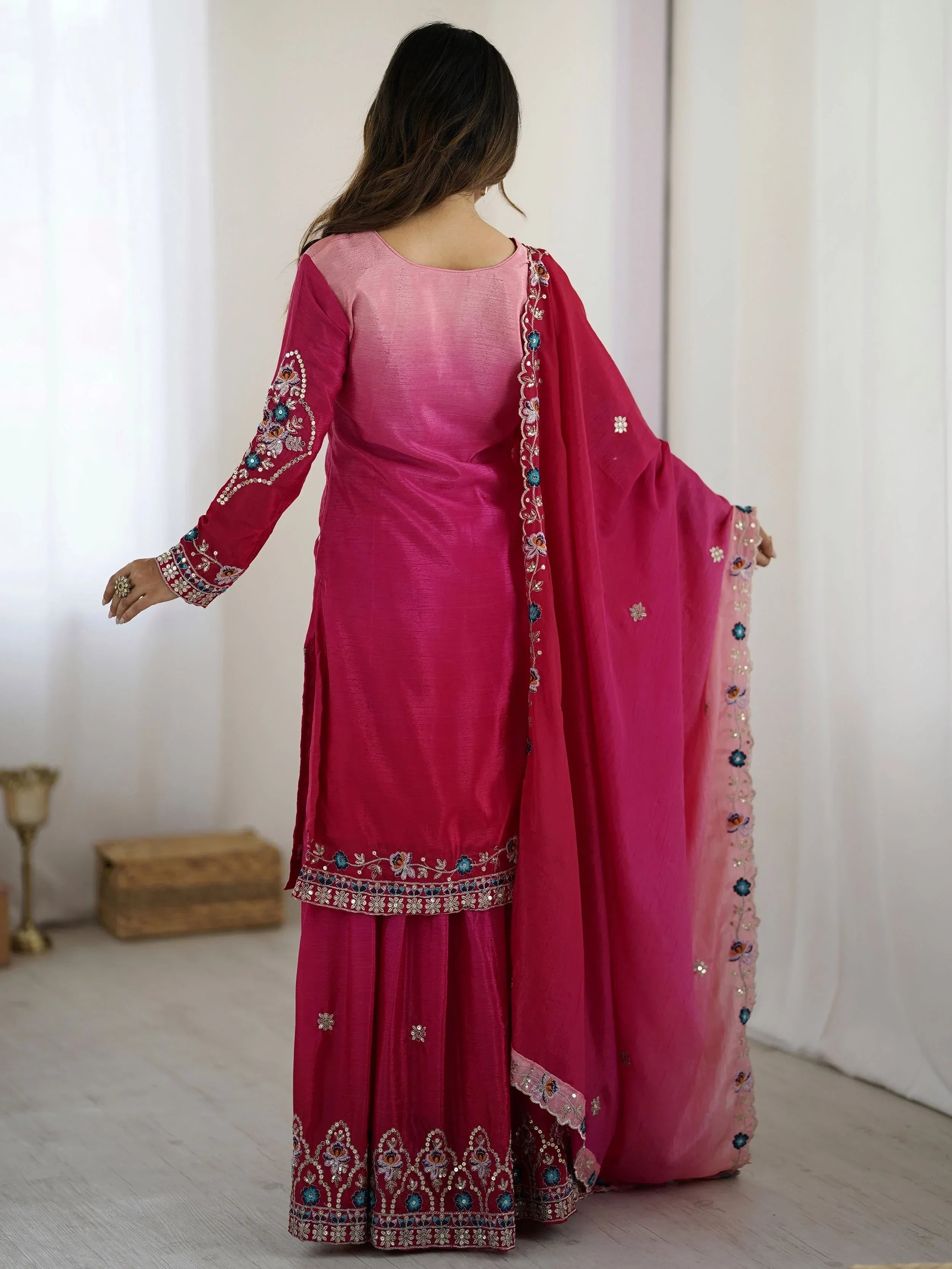 Beautiful Pink Chinon Sequins Embroidered Ombre Sharara Suit
