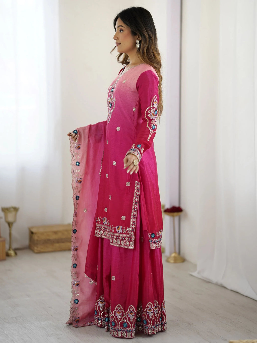 Beautiful Pink Chinon Sequins Embroidered Ombre Sharara Suit