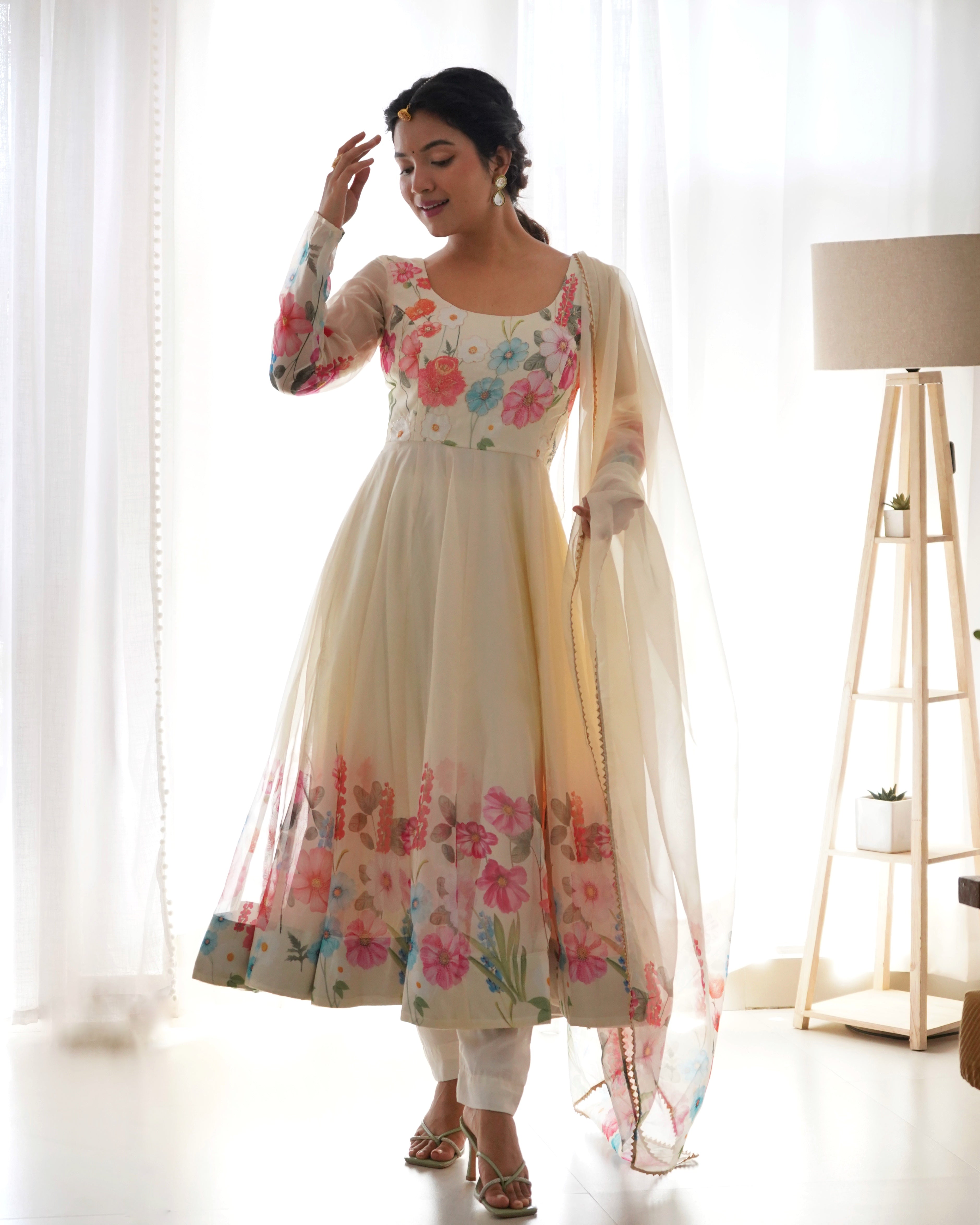 Digitally Soft Organza Anarkali Lehenga Suit Set with Huge Flair for Festive Wear