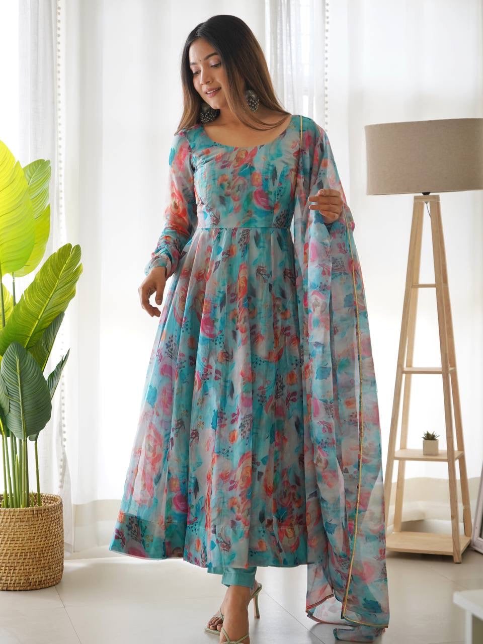 Sky Pure Soft Organza Anarkali Suit Set With Huge Flair, Dupatta & Pant