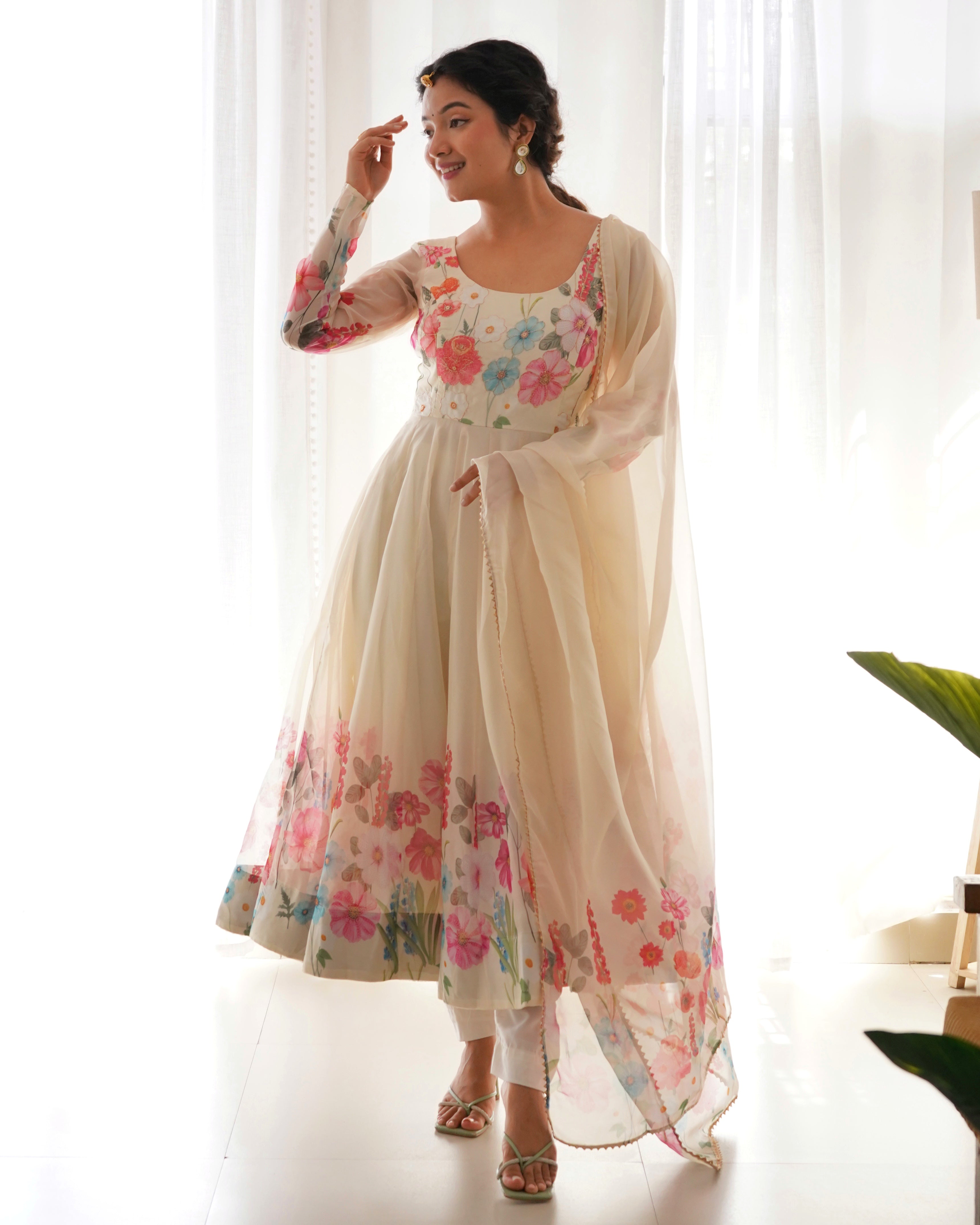 Digitally Soft Organza Anarkali Lehenga Suit Set with Huge Flair for Festive Wear