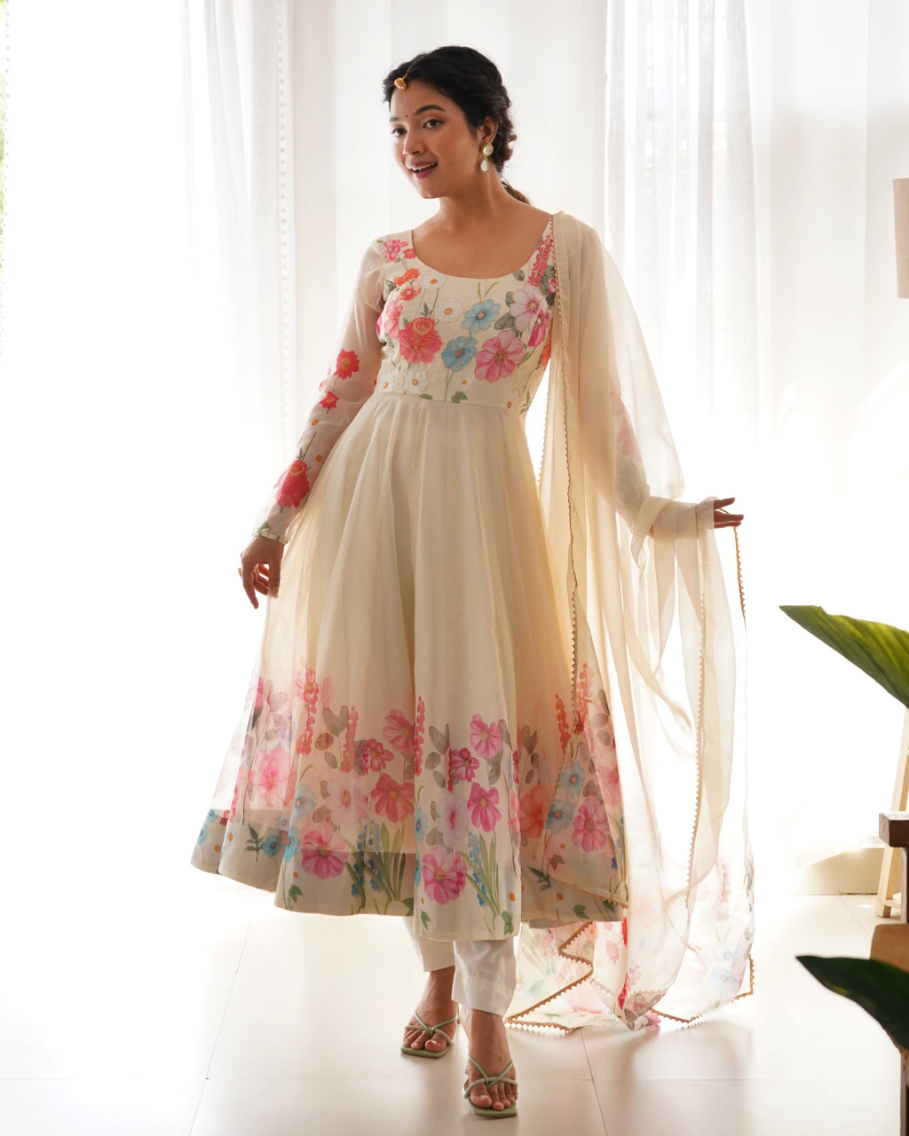 Digitally Soft Organza Anarkali Lehenga Suit Set with Huge Flair for Festive Wear