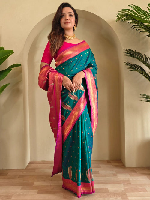 Astonishing Teal Green Paithani Silk Contrast Pallu Work Saree With Blouse