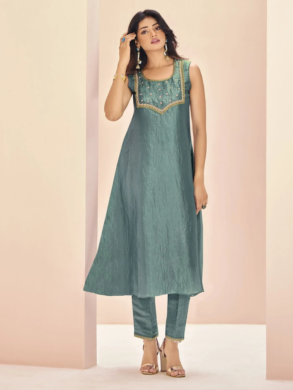 Magnetic Aqua Blue Embroidered Organza Event Wear Pant Suit